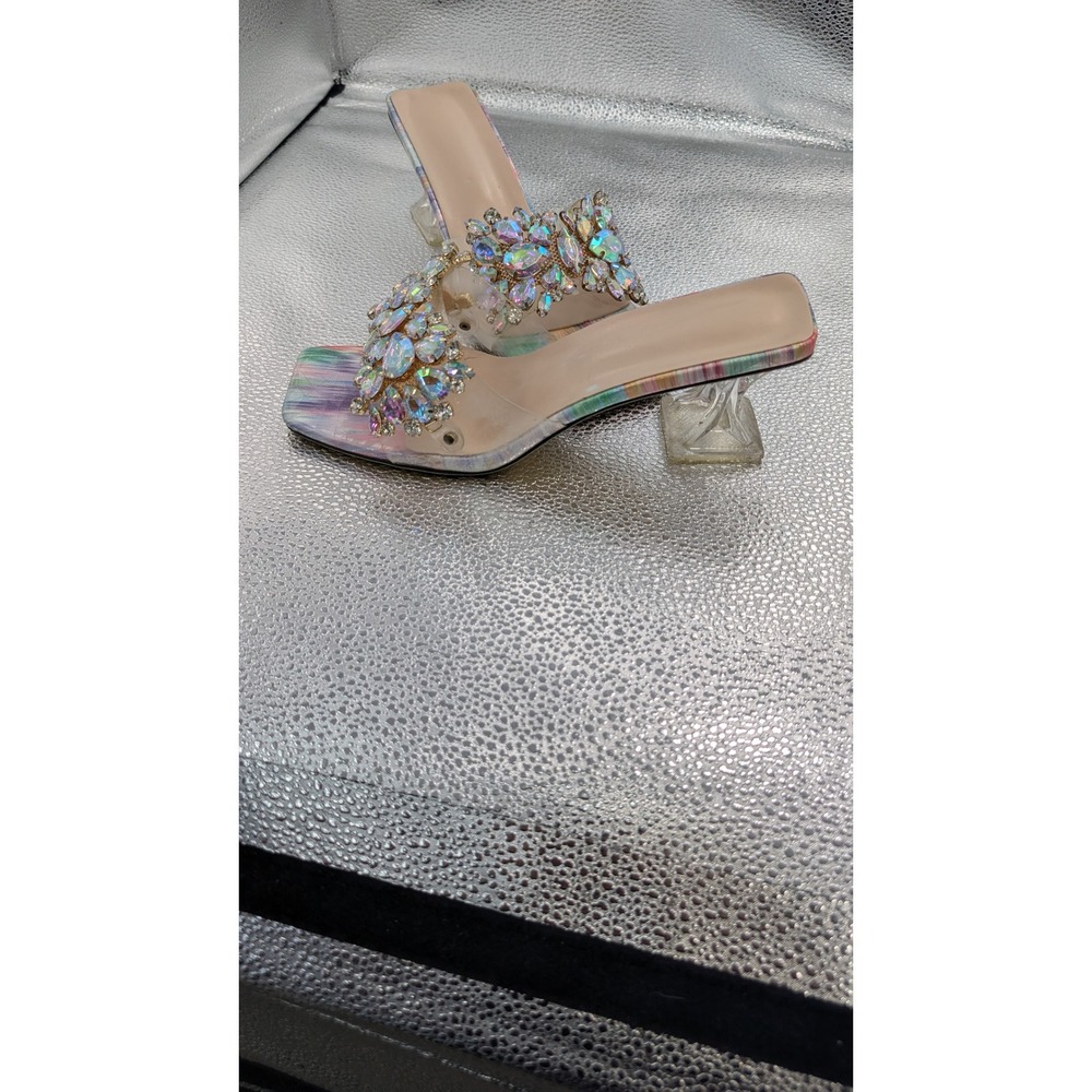 Rhinestone Embellished Slide Sandal Clear Flared Heel Square Toe Multi